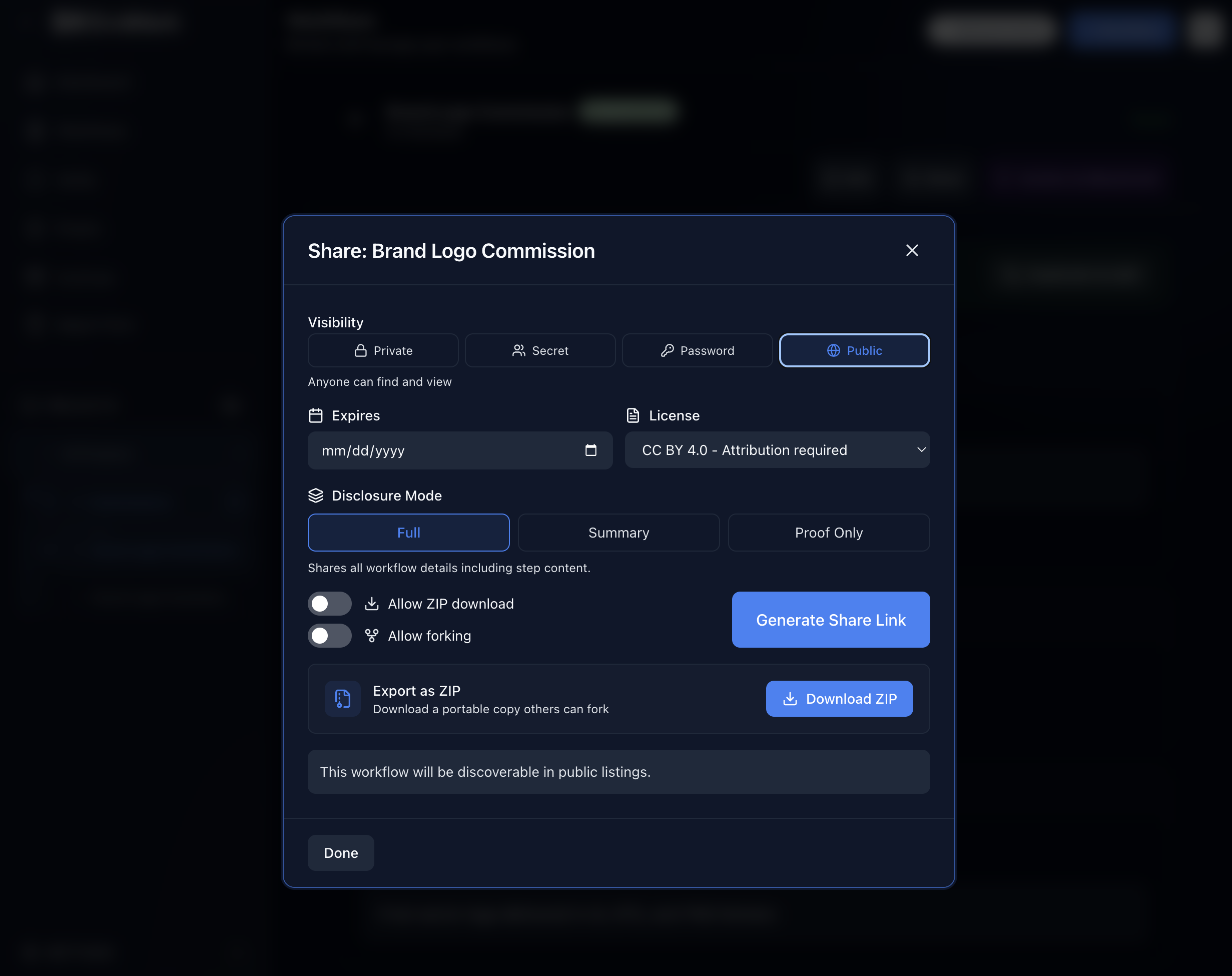 EvidMark share modal with visibility controls, disclosure modes, and licensing options