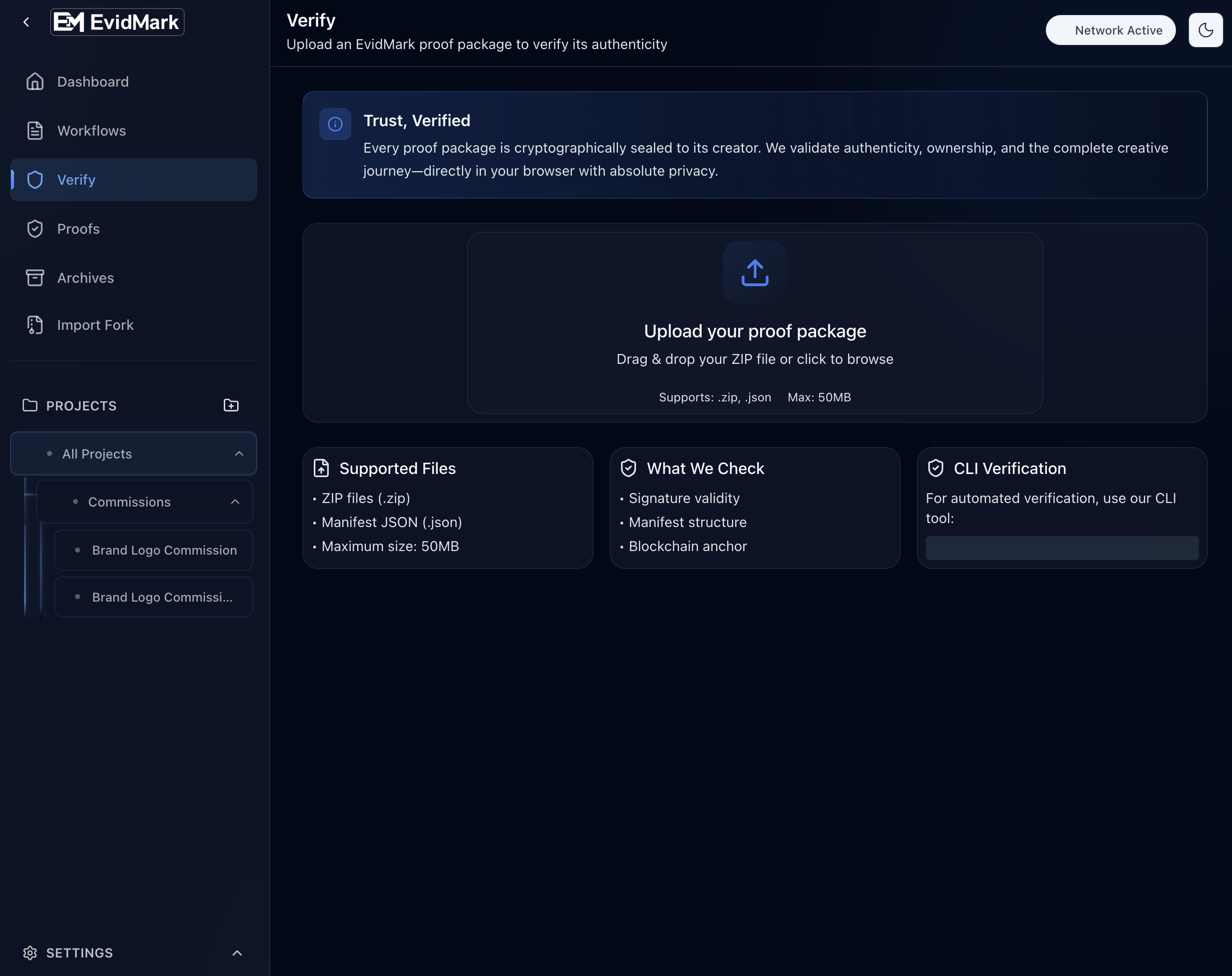EvidMark verification page for uploading and validating proof packages