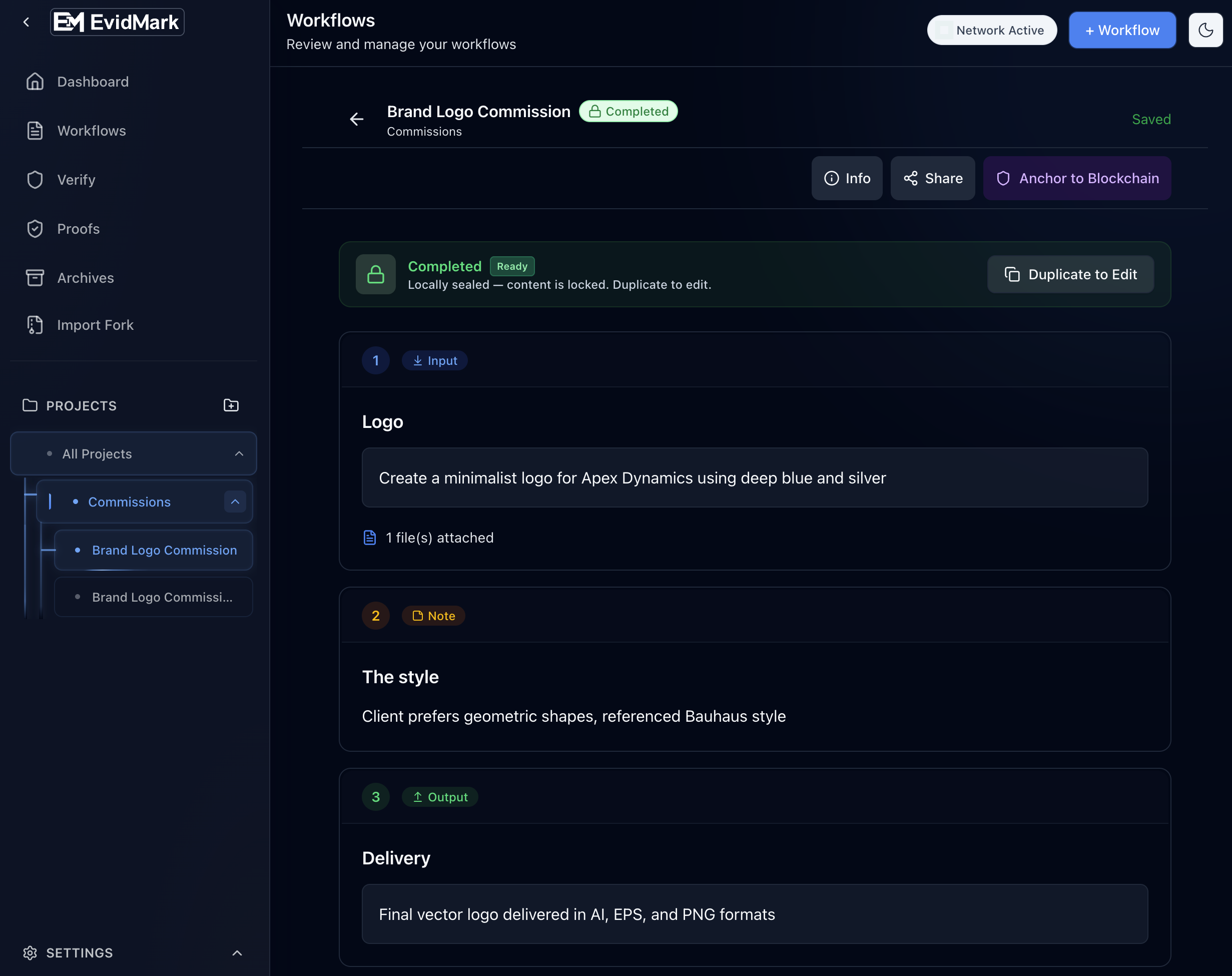 EvidMark workflow editor showing a completed and sealed workflow with input, note, and output steps